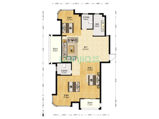 东晟安置房三期 3室1厅2卫 155平方