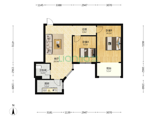 连城别苑景园 2室1厅1卫 85平方