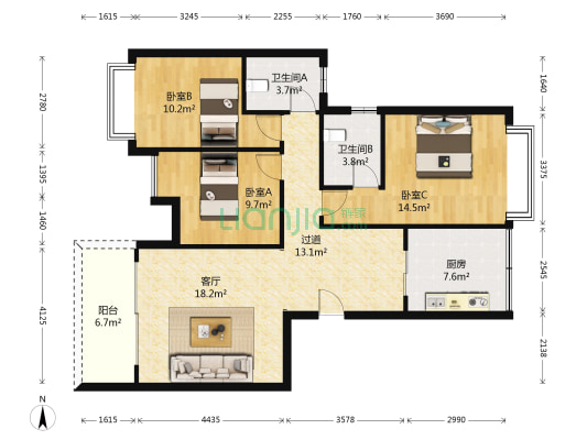 南方新城西苑 3室1厅2卫 115平方