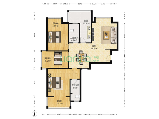 艺苑·景观豪庭 3室1厅2卫 125平方