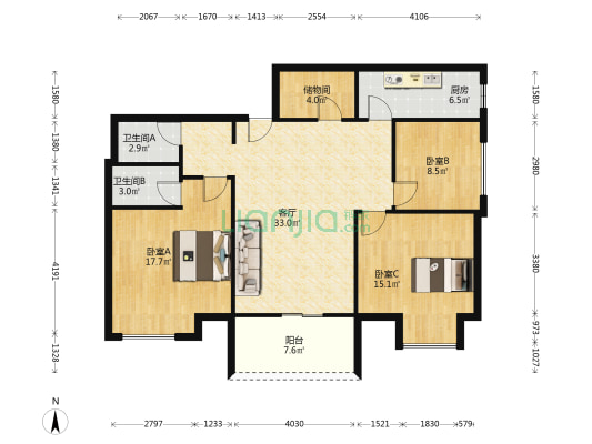 南峰国际 3室1厅2卫 131平方