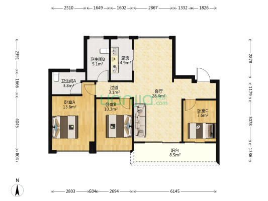 中海悦林熙岸B区 3室1厅2卫 104平方