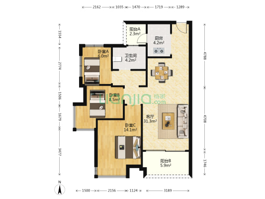 中信水岸城四期 3室1厅1卫 88平方