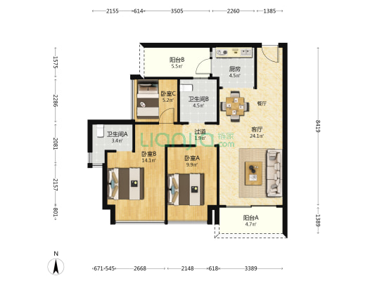 安宏基星曜广场 3室1厅2卫 97平方