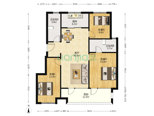 龙湖星海彼岸 3室1厅2卫 116平方