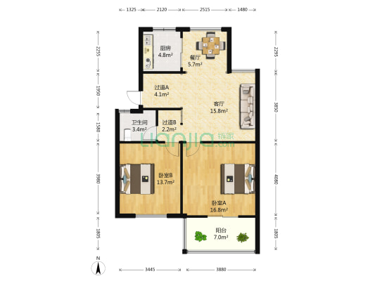 嘉湖阳光花园 2室2厅1卫 88平方