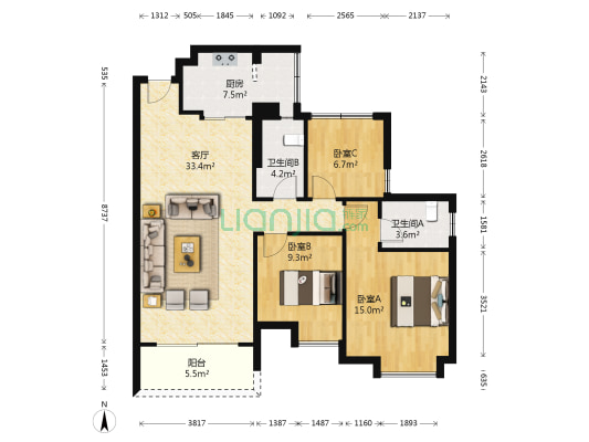 中汇嘉园 3室1厅2卫 105平方