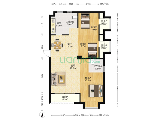阳光城山与海 3室2厅2卫 108平方