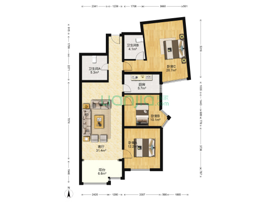 上地佳园 3室1厅2卫 128平方