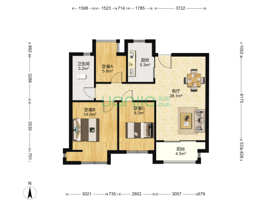 苏宁悦城悦园D区 3室1厅1卫 95平方