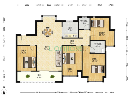 名城紫金轩 4室1厅2卫 149平方