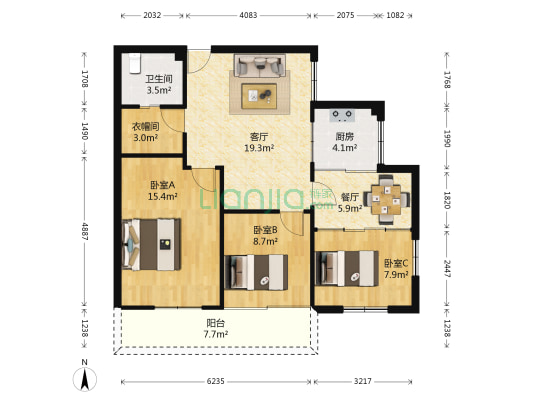 鸿发公寓 3室2厅1卫 86平方