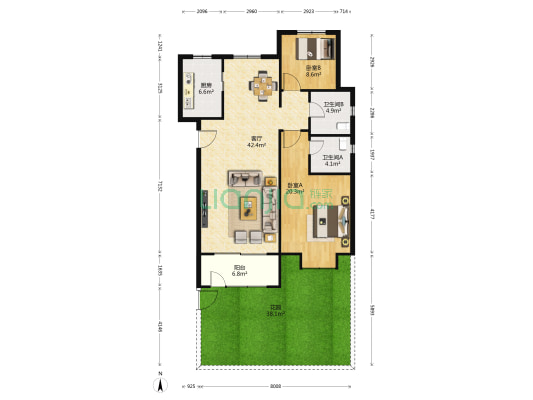 枫慧园 2室1厅2卫 125平方