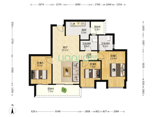 荣安九龙壹号 3室1厅2卫 95平方