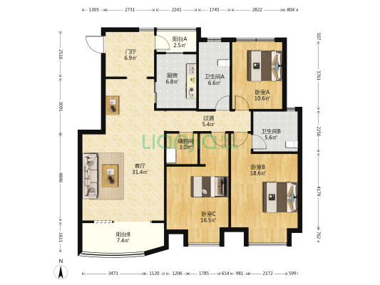 天伦庄园一期 3室1厅2卫 150平方