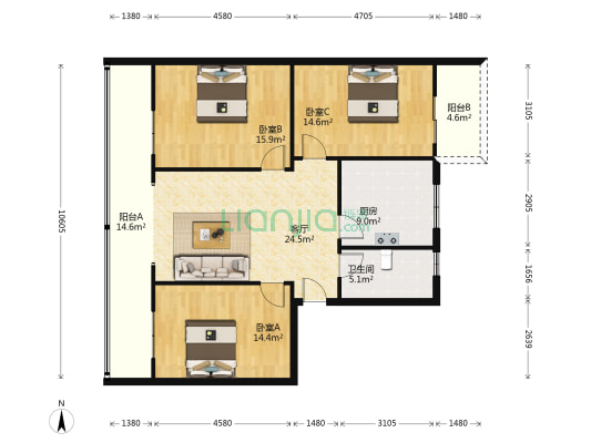 外南街485号院 3室1厅1卫 116平方