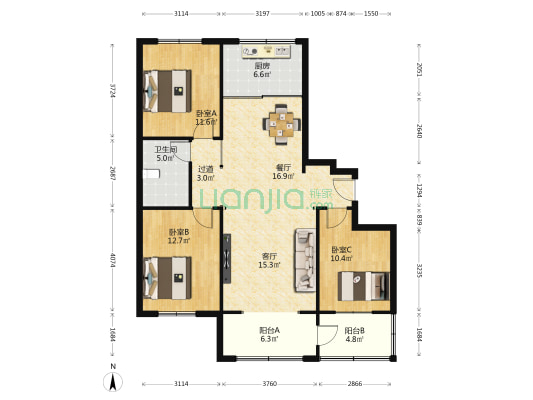 金鼎东柳湾 3室2厅1卫 125平方