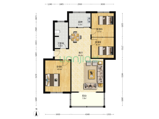 园林小区 3室1厅1卫 106平方