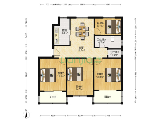 水闸小区 4室1厅2卫 104平方