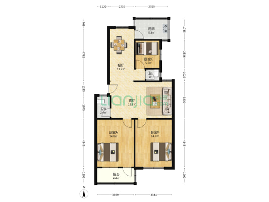 东亭一村 3室2厅2卫 91平方