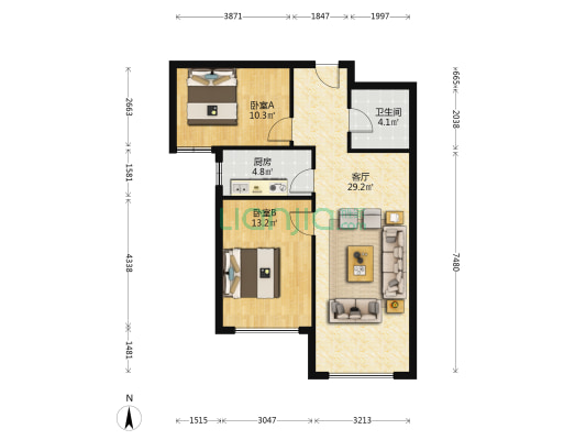 精装修 满二 中层 拎包入住 南向大2居 装修时间长-户型图