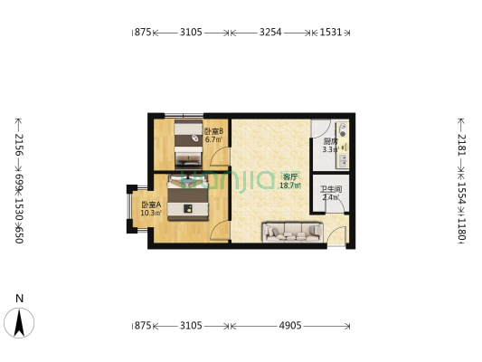 三义，双塔片区，电梯房，两居，地下车库-户型图