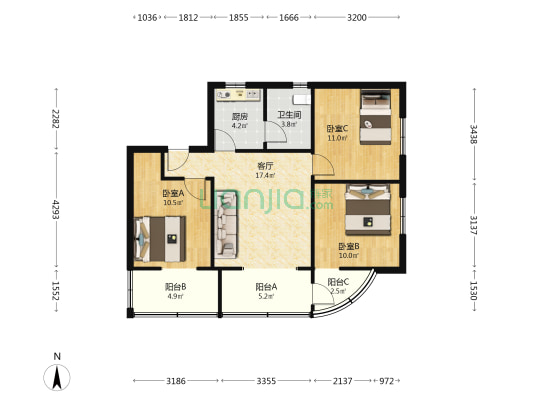 机电大厦 3室1厅1卫 90平方