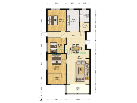 万豪公寓 3室1厅1卫 138平方
