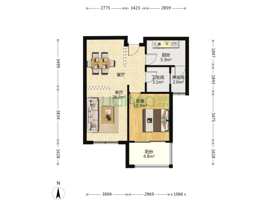 东港嘉苑一区 1室1厅2卫 67平方