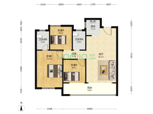 北控浩瀚 3室1厅2卫 108平方