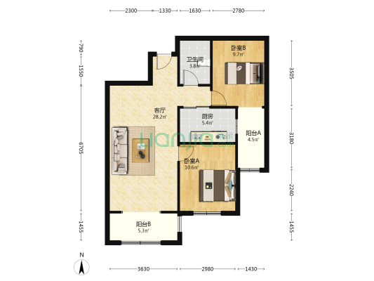 范阳路 全南精装两居室 中间楼层采光无遮挡-户型图