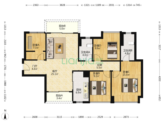 保利天珺 4室1厅2卫 121平方