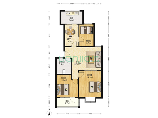 邮电大厦家属院 3室2厅1卫 92平方