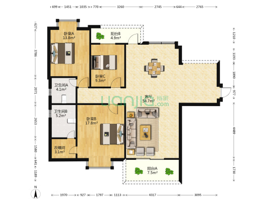 盛达景都（一期） 3室1厅2卫 140平方