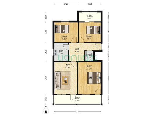 科院路1号 3室1厅1卫 95平方