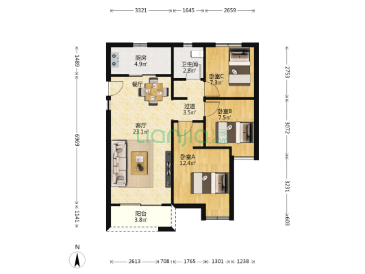 首开龙湖春江彼岸一期 3室1厅1卫 88平方
