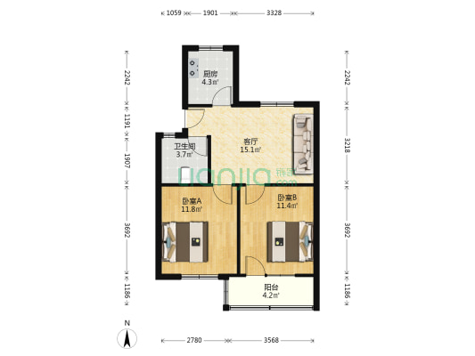 地矿局327队生活区 2室1厅1卫 61平方