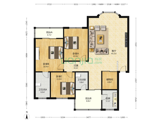 万方家园 3室1厅2卫 140平方