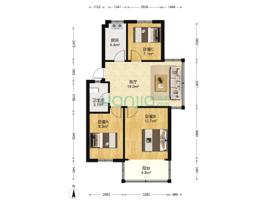 乐园小区 3室1厅1卫 75平方
