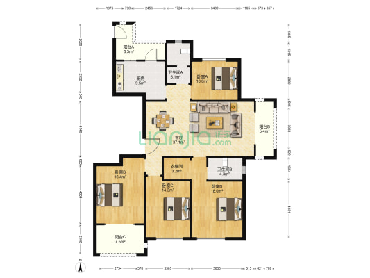 江中世纪城 4室1厅2卫 174平方