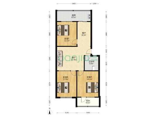 长风宿舍小区 3室2厅1卫 92平方