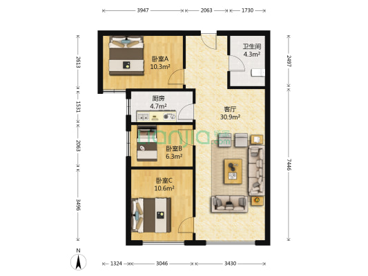 理想湾全阳三居室。采光通透，楼层好，没有遮挡。-户型图