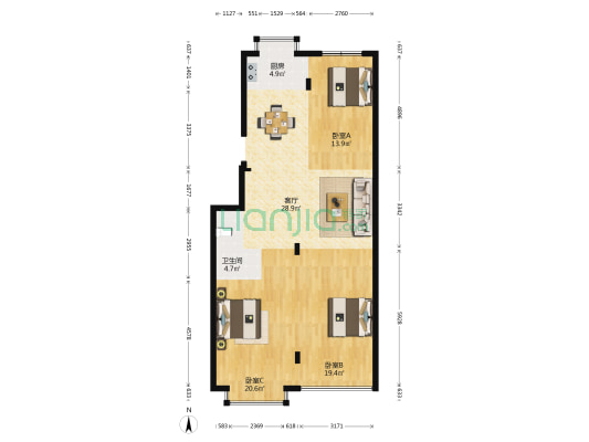 悦园 3室1厅1卫 105平方