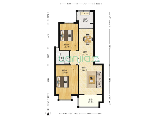 水木阳光小区 2室2厅1卫 93平方