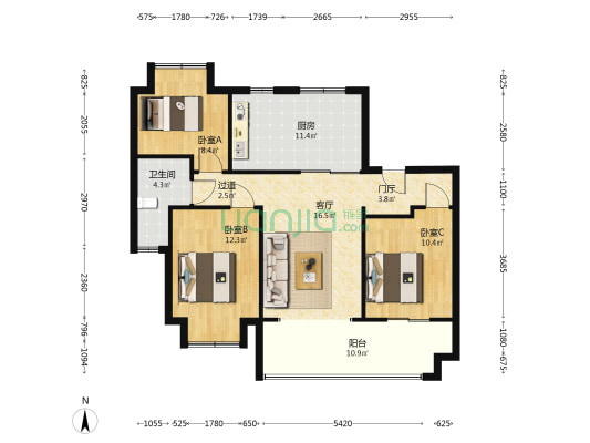 上麟府 3室1厅1卫 103平方