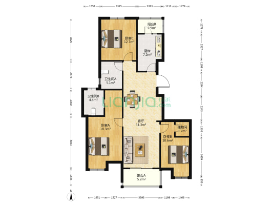 凯德都会晶彩 3室1厅2卫 133平方