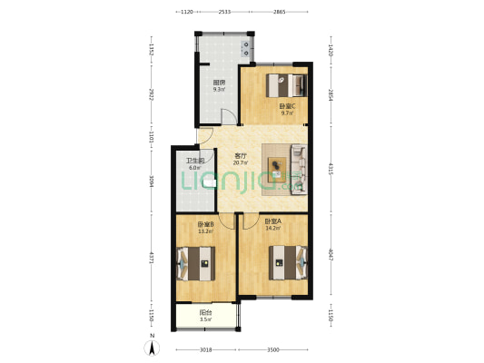 广厦小区 3室1厅1卫 90平方