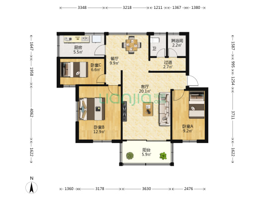 岭景小区 3室2厅2卫 83平方