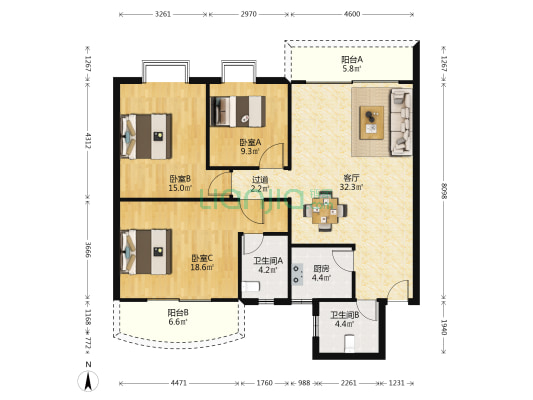 瑞华苑 3室1厅2卫 128平方