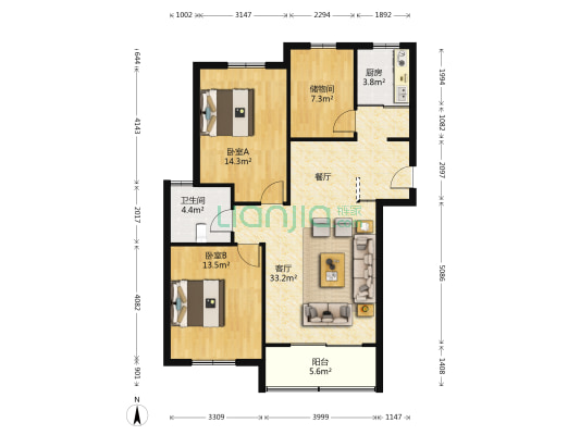 米山雅居西区 2室1厅1卫 113平方